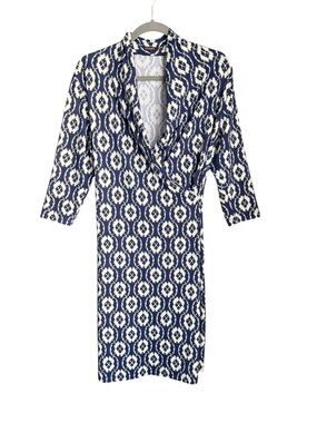 J.McLaughlin Catalina Cloth Dress Blue White Ikat Faux Wrap M Preppy Career